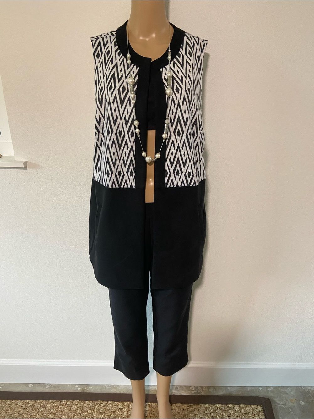 Chico's Black & White Geometric long open Vest